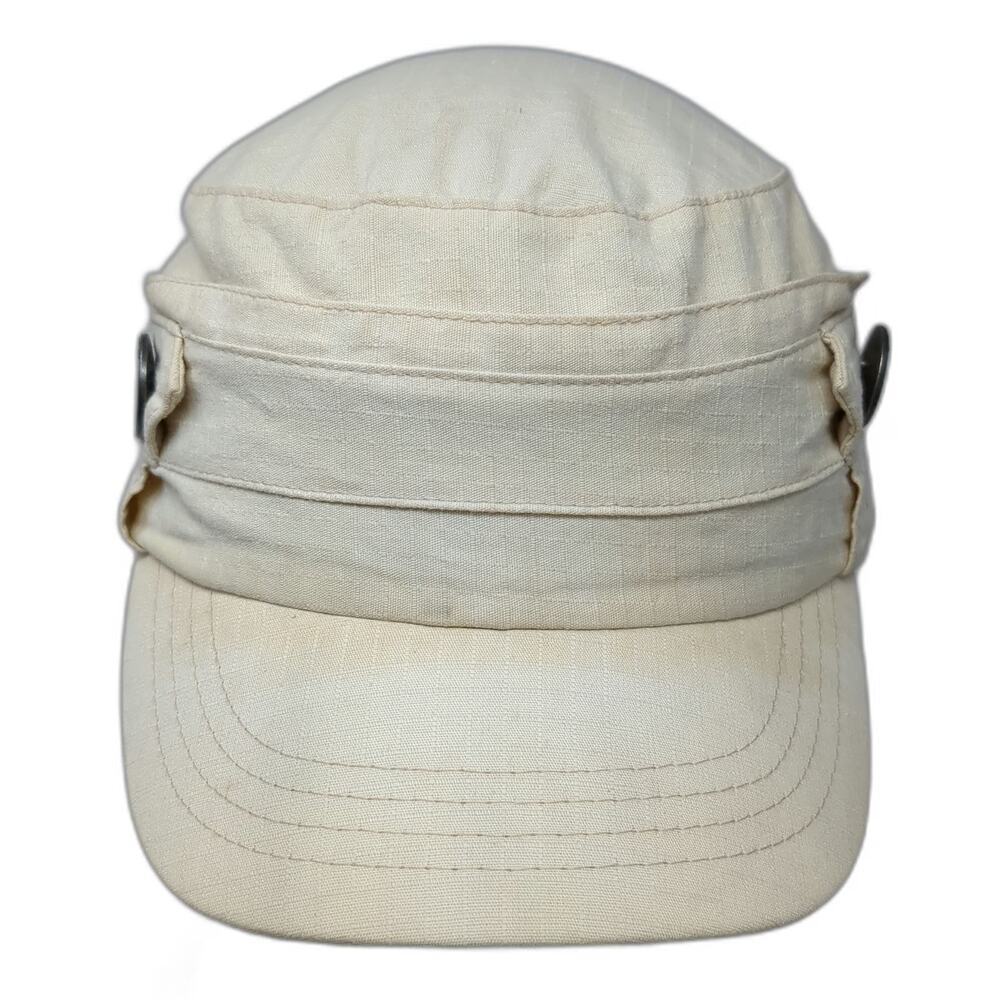 Roxy Army Cap Beige OSFM Side Buttons Logo Stripe Lining Slideback Cotton Hat